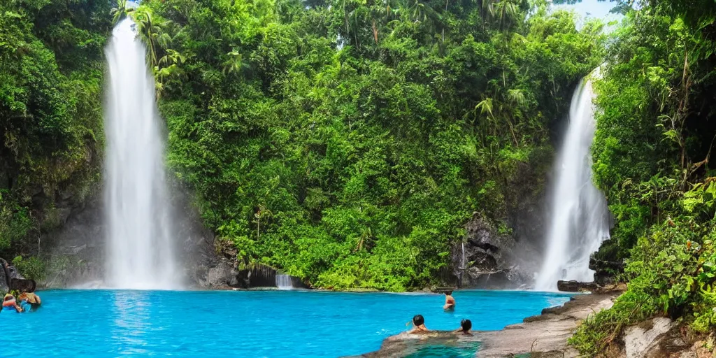 Image similar to of a tropical island with a majestic waterfall flowing into a clear pool of water.