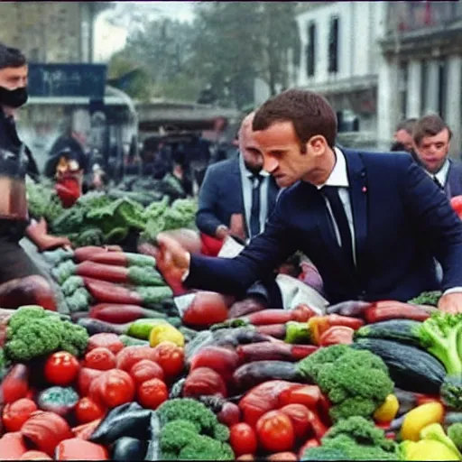 Prompt: A photo of Macron fighting against geant vegetables, movie, final shots, 4k, fisches eyes, scene of chaos.