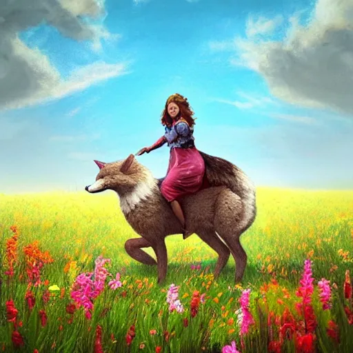 Prompt: girl riding a giant fox in a field of flowers, trending on artstation