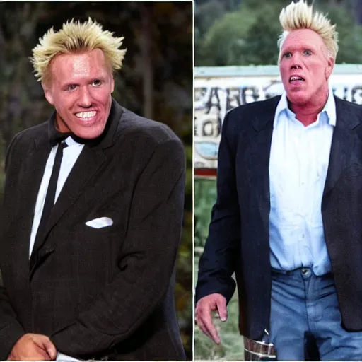 Image similar to gary busey, dirty in his face, wearing a messed up business suit