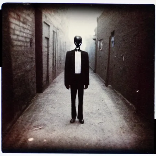 Image similar to polaroid of slenderman standing in dark alley