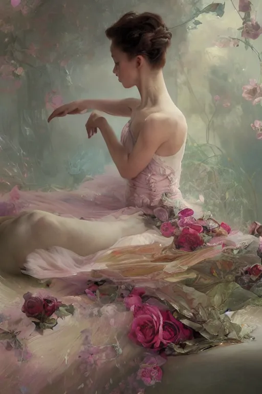 Prompt: an intricate artistic pose painting of a beautiful young ballerina with an artistic pose sleeping in a bed of roses with painterly motives and textures, hyper detailed, sleeping beauty, octane render, vivid colors, artstation, by jeremy mann, by alphonse mucha, by boris vallejo