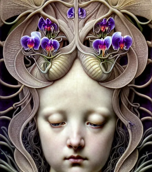 Image similar to beautiful young orchid fairy detailed realistic porcelain face portrait by jean delville, gustave dore, iris van herpen and marco mazzoni, art forms of nature by ernst haeckel, art nouveau, symbolist, visionary, gothic, neo - gothic, pre - raphaelite, fractal lace, intricate alien botanical biodiversity, surreality, hyperdetailed ultrasharp octane render