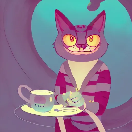 Prompt: cheshire cat drinking tea, in the style of atey ghailan and james gilleard, exquisite lighting, art, very coherent, trending on artstation