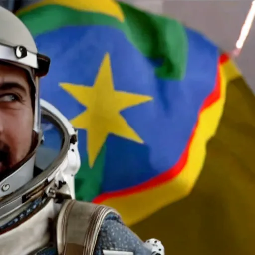 Prompt: close - up of a kurdish astronaut wearing a kurdistan flag badge in a movie directed by christopher nolan, movie still frame, promotional image, imax 7 0 mm footage