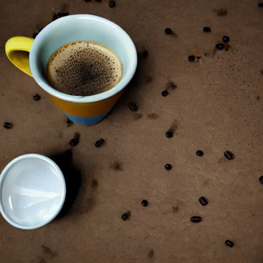 Prompt: a moldy coffee cup with flies and a rotting mouse corpse next to it, scary, wide angle phone shot, a large ammount of dust is in the room.