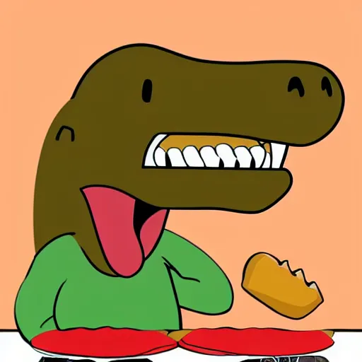 Image similar to a cartoon t - rex eating a hot dog