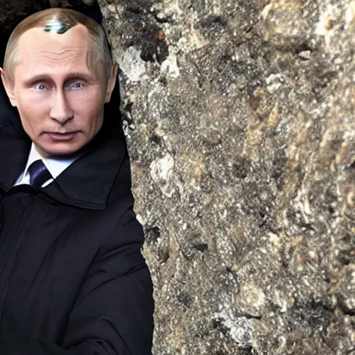 Prompt: photo inside a cavern of a wet reptilian humanoid putin partially hidden behind a rock