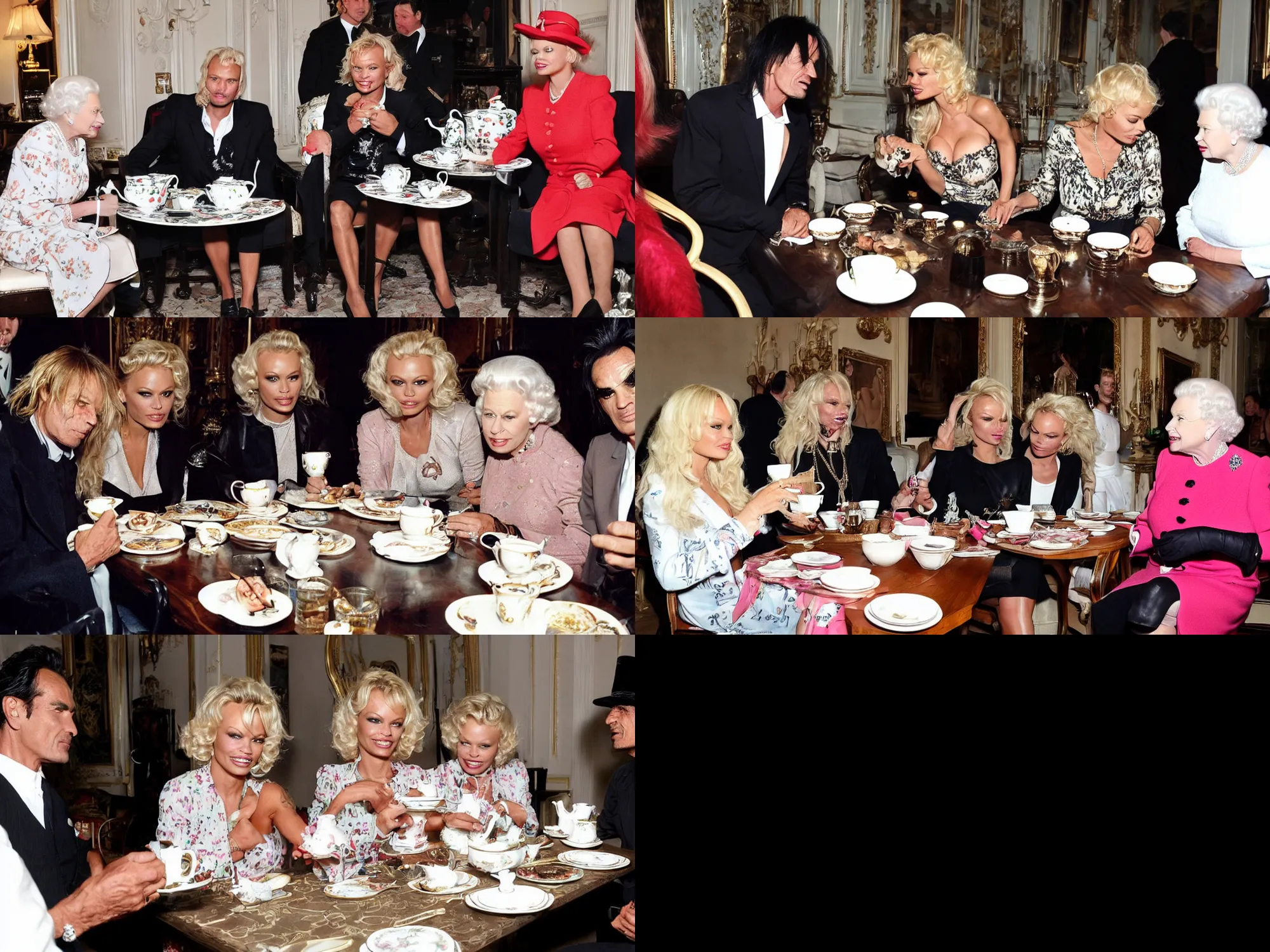 Prompt: pamela anderson and tommy lee having tea with the queen of england