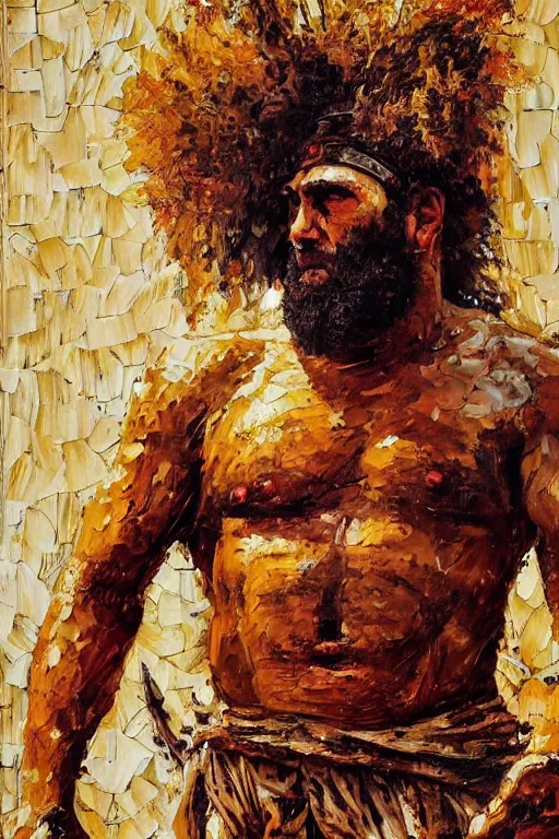 Image similar to highly detailed palette knife oil painting of a historically accurate depiction of the ancient biblical philistine giant warrior Goliath of Gath, fierce, menacing, by Peter Lindbergh, impressionistic brush strokes, painterly brushwork