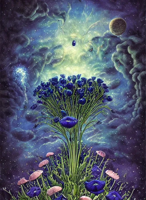 Image similar to detailed, intricate blue black and purple papaverum flower on the field, nebula, galaxy in the sky, winning award masterpiece, fantastically beautiful, illustration, aestheticly inspired, jacek yerka, upscale with anguissola sofonisba work, artstation, 8 k