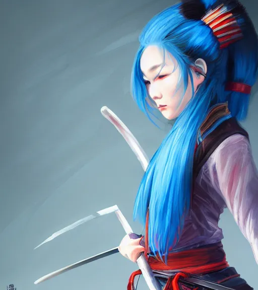 Prompt: a girl with blue hair holding a katana, samurai outfit, japanese clothes, ponytail, action shot, highly detailed, digital painting, artstation, concept art, smooth, sharp focus, kunoichi, illustration