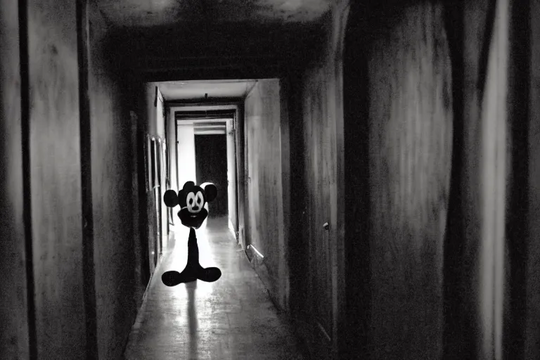 Prompt: a photo of a very long backrooms hallway with a creepy looking mickey mouse at the end of the hallway, staring with an evil grin, dark, horror, detailed