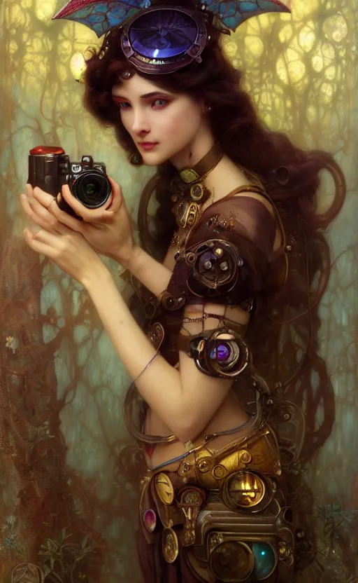 Image similar to hyper realistic photographer taking a picture, magical, gems, jewels, gold, steampunk, cyberpunk utopia, painted by tom bagshaw, mucha, gaston bussiere, craig mullins, j. c. leyendecker 8 k