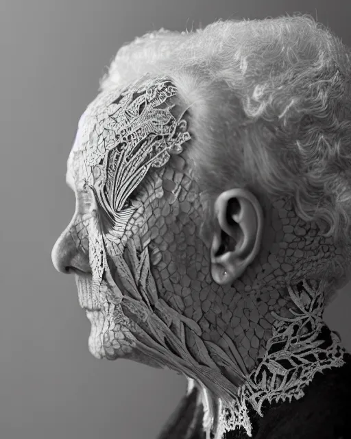 Prompt: a 9 1 year old woman's face in profile, made of intricate decorative lace leaf skeleton, in the style of the dutch masters and gregory crewdson, dark and moody, depth of field