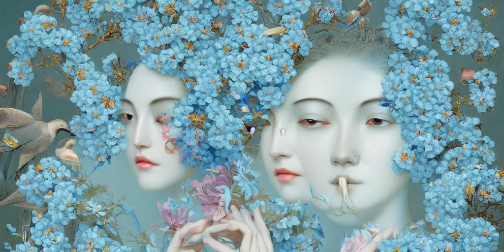 Prompt: breathtaking detailed concept art painting art deco pattern of faces goddesses of light - blue flowers with anxious piercing eyes and blend of flowers and birds, by hsiao - ron cheng and john james audubon, bizarre compositions, exquisite detail, extremely moody lighting, 8 k