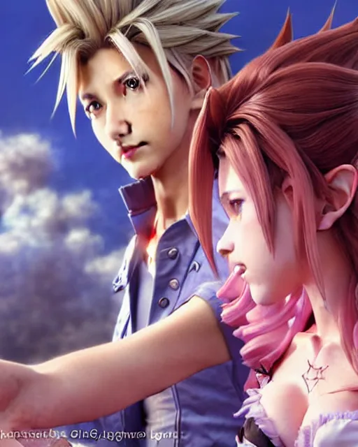 Image similar to character concept art of aerith gainsborough together with cloud strife at gold saucer, istinct - fine, key visual, realistic shaded perfect face, fine details by stanley artgerm lau, wlop, rossdraws, james jean, andrei riabovitchev, marc simonetti, sakimichan, and jakub rebelka, trending on artstation