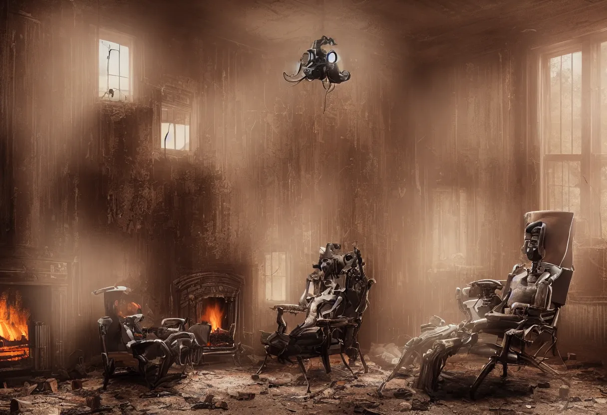 Image similar to An intimate closeup portrait photograph of a solitary futuristic robot sitting on a frayed recliner in front of a beautiful fireplace with a cozy fire, in a dilapidated steampunk Victorian home, soft morning light seeping in a window, with cinematic lighting and lens flare, tall ceiling, octane render, cgsociety, by Simon Stalenhag and Alfonso Cuaron, highly detailed close shot , award-winning highly detailed 8k anamorphic Arri Alexa Cooke cinematic movie photograph