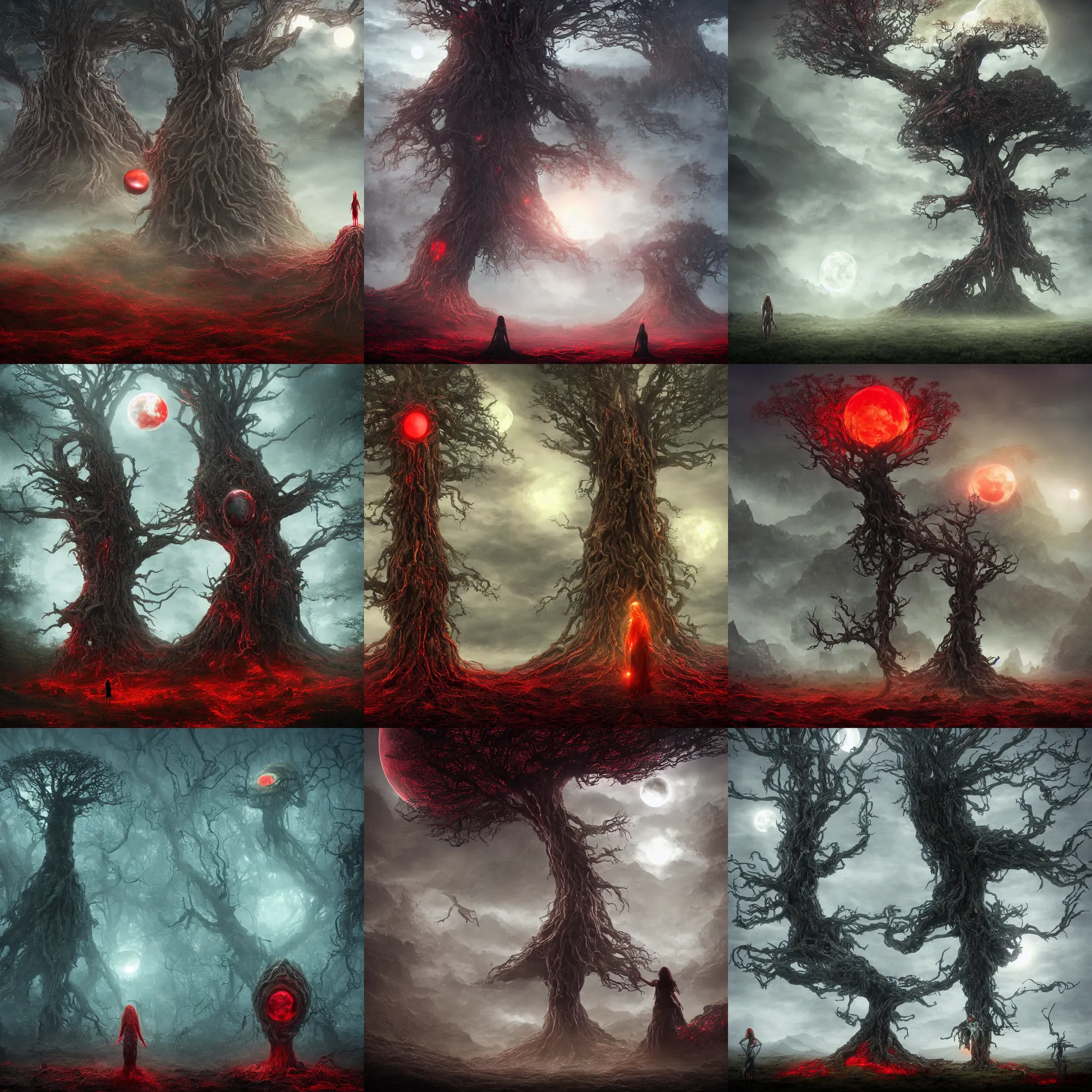 Prompt: dark fantasy, elden ring style, godray lighting, massive world tree in the middle, a giant titan woman lies at the foot of the tree, red roots spread over the land, alien egg moon in the sky, mist, faces in the mountains, 8 k, very high definition