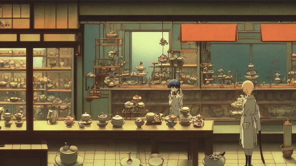 Image similar to an automata working at a tea shop, anime film still from Studio Ghibli movie with art direction by Zdzisław Beksiński, wide lens