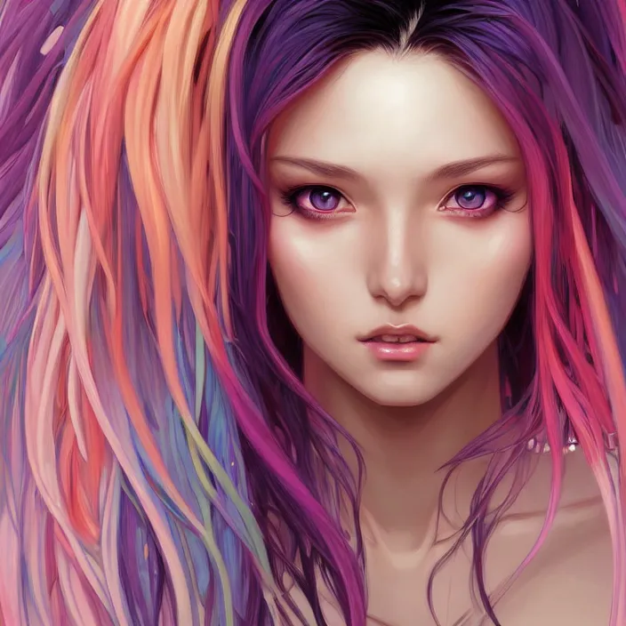 Image similar to portrait of beautiful symmetrical anime girl, rainbow hair, attractive, casual, modern, victoria's secret, highly detailed, digital painting, artstation, concept art, smooth, sharp focus, illustration, art by moebius artgerm, greg rutkowski and alphonse mucha, 8 k,