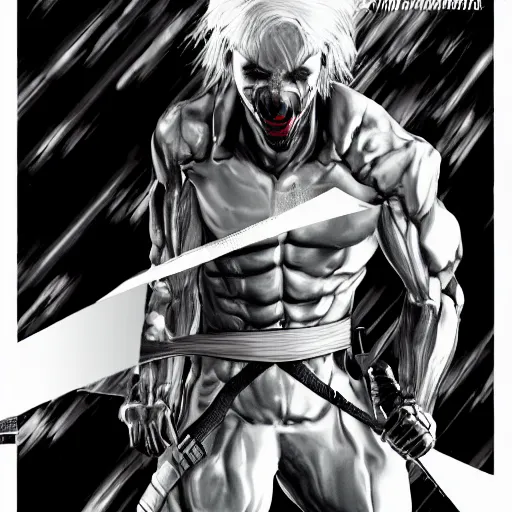 Prompt: Metal Gear Revengeance Raiden as The American Psycho, cinematic still, sweating hard