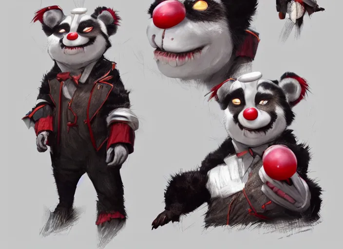 Image similar to award - winning detailed concept art of a strange creepy clown iconic anthropomorphic panda character wearing clown makeup. art by wlop on bcy. net, realistic. detailed feathers, art by cheng yi. artstationhd, artgerm, 3 dcg, pixar zootopia. 3 d rendering, high quality model sheet, disney. model sheet detailed