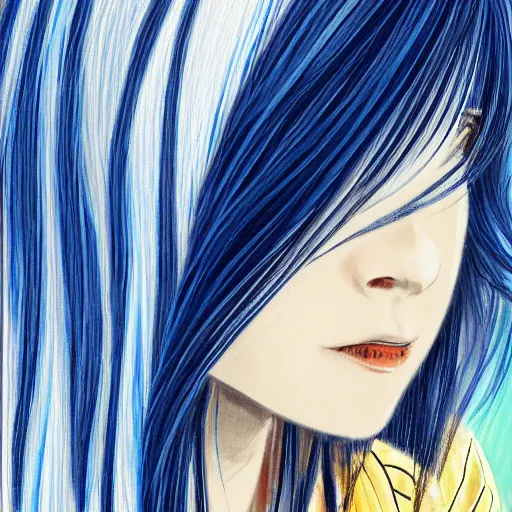 Image similar to profile shot of rimuru tempest, sky blue straight hair, long bangs, gold eyes, wearing a black jacket with white stripes, high collar, ultra detailed, brush strokes, digital painting, cinematic, wlop, closeup, pixiv, color block, eerie, scary, yoshitaka amano, andy warhol, junji ito