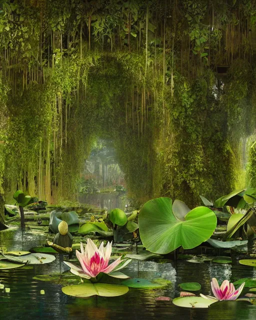 Prompt: Overgrown ballroom, flooded with swamp water, full of plants and lily pads, immaculate scale, matte painting, digital art, trending on Artstation, hyper-realistic, detailed, ultra detailed