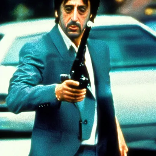 Image similar to Realistic photo of Al Pacino in Scarface, holding a Super Soaker