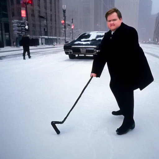 Image similar to 1 9 9 8 andy richter wearing a black wool coat and necktie slipping on ice in the streets of chicago at 3 pm in winter.