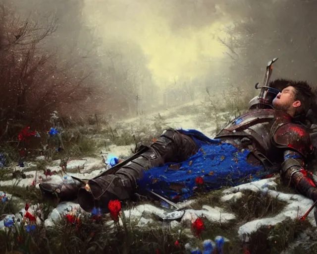 Image similar to Highly realistic oil painting of a wounded knight lying in the snow, surrounded by blue flowers, blood on flowers, by greg rutkowski, highly detailed, cinematic lighting, moody, dark