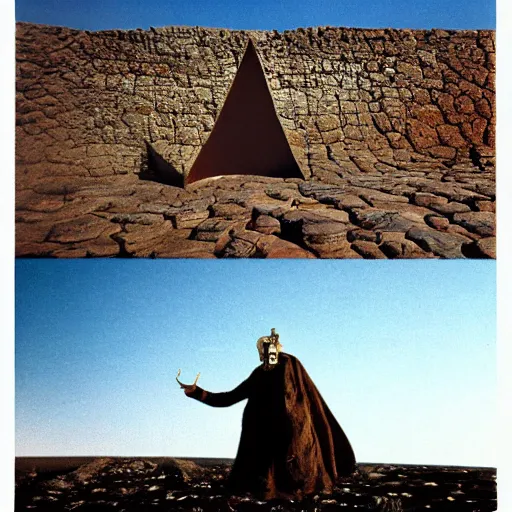 Image similar to salvador dali with full - face golden mask in a dry rocky desert landscape, visible sky and sunny atmosphere, fata morgana and giant square mirrors, film still from the movie by alejandro jodorowsky with cinematogrophy of christopher doyle and art direction by hans giger, anamorphic lens, kodakchrome, very detailed photo, 8 k