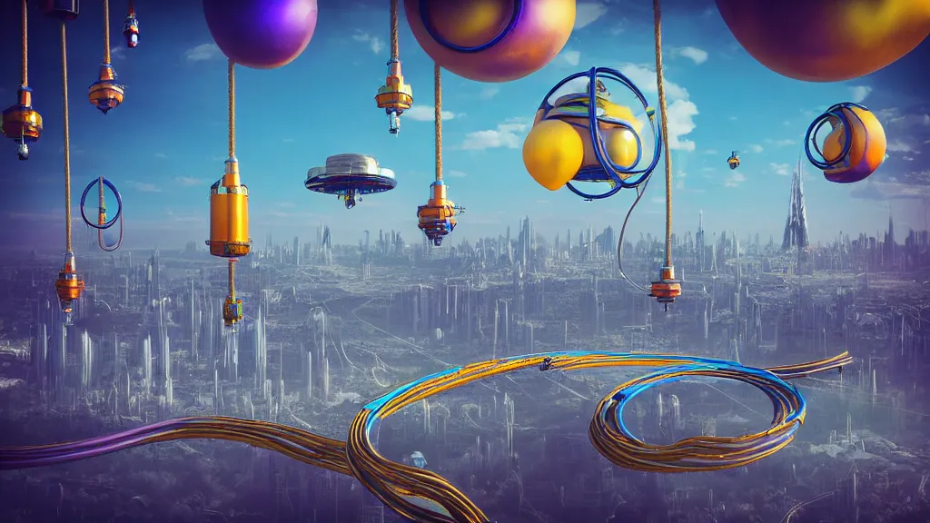 Image similar to large colorful futuristic space age metallic steampunk balloons with pipework and electrical wiring around the outside, and people on rope swings underneath, flying high over the beautiful futuristic city landscape, professional photography, 8 0 mm telephoto lens, realistic, detailed, digital art, unreal engine