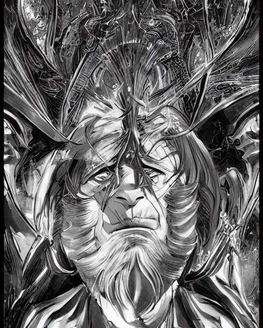 Image similar to An old man looking into a mirror, black and white, fantasy art, in the style of masami kurumada, illustration, epic, fantasy, intricate, hyper detailed, artstation, concept art, smooth, sharp focus, ray tracing