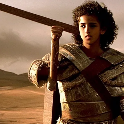 Image similar to handsome 17 year old middle-eastern skinned boy in a Biblical outfit holding a wooden slingshot. Giant Goliath standing with a sword. Epic, cinematic lighting, directed by Ridley Scott