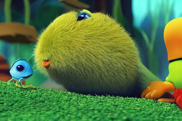 Image similar to disney pixar's a bug's life, cgi caterpillar colorful, furry caterpillar