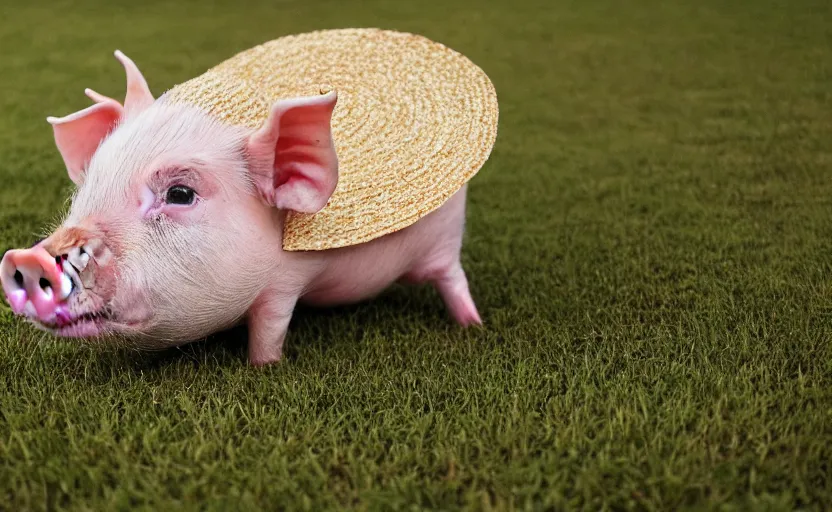 Image similar to a cute pig wearing a straw hat at blue hour, twilight, cool, award winning 4 k photo, twilight cool light, low angle!!!!, low angle, e, from below, worms - eye - view