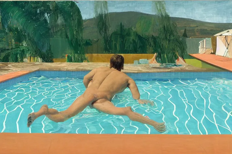 Image similar to emmanuel macron swimming in a pool in california house, by david hockney, peter doig, lucien freud, francis bacon, bouguereau,