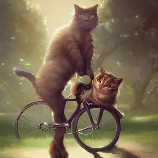 Prompt: head and shoulders masterpiece portrait of cute cat riding a bicycle, surreal background, digital art by Krenz Cushart, trending on artstation, cgsociety,