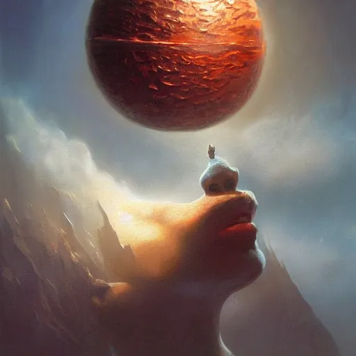 Prompt: beautiful realistic fantasy painting of an orb with a face that is just big lips, by pascal blanche and Frazetta and Beksinski, volumetric lighting, trending on art station, polarizer filter