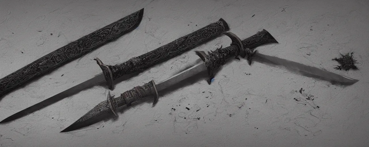 Image similar to basic steel sword, steel, shortsword, medieval, engravings, forged, blacksmith product design, art by gerald brom, greg rutkowski and artgerm and james jean and zdzisław beksinski, 8 k, unreal engine, c 4 d