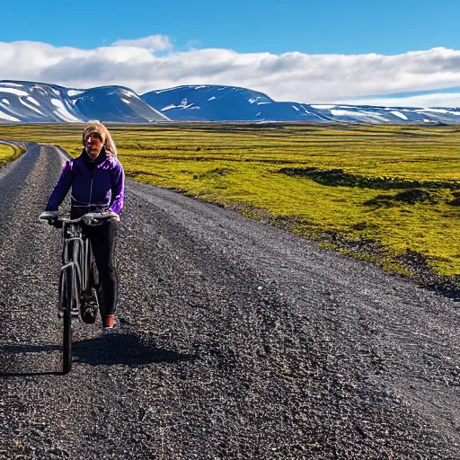 Prompt: A woman in north face clothes on a touring bike on a gravel road of Iceland. The bicycle has Vaude saddlebags.