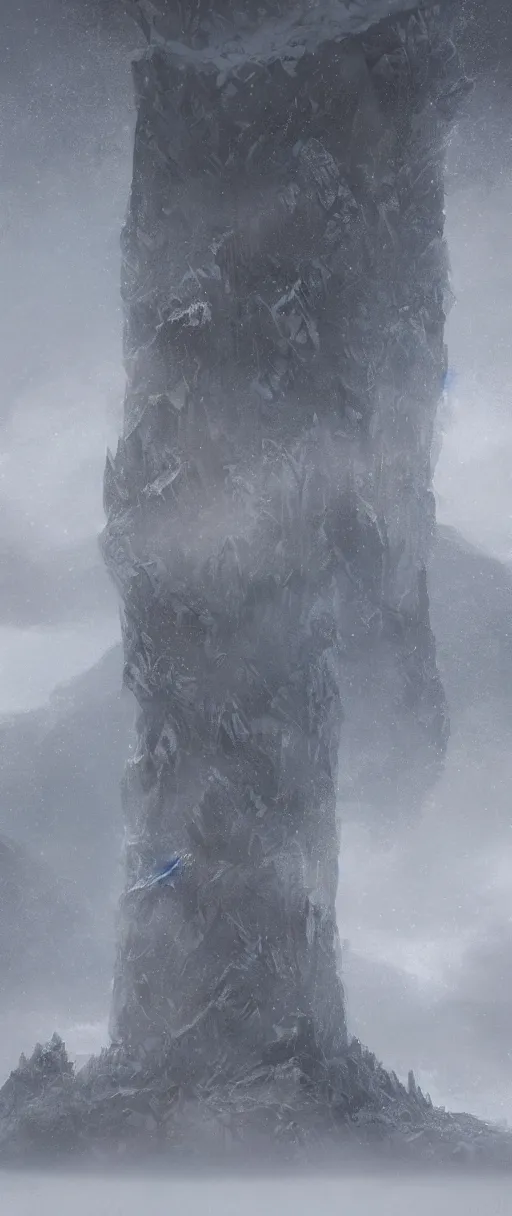 Image similar to an architectural concept of a fantasy warlock tower in the top of a volcano, during winter with snow, trending on artstation, byeytan zana, environmental concept art & design, digital 2 d