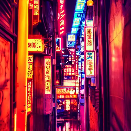 Prompt: Looking down a neon sign lit alleyway in Neo-Tokyo with many neon signs and izakayas, two Japanese businessmen standing against a wall talking to each other, one streetlight, cyberpunk, trending on artstation and behance, by Beeple