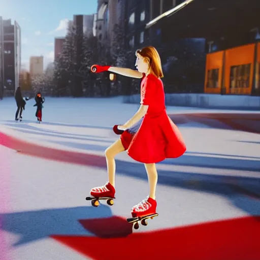 Prompt: photorealistic picture of woman skating on a red skate with very small wheels, woman wearing red dress, background is urban city with lots of trafic, sky is blue and sunny