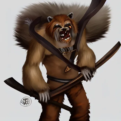 Prompt: Portrait of Grinning Gnoll with a scythe in its hand and brown fur. In style of Hyung-tae Kim, concept art, trending on ArtStation, Korean MMORPG.