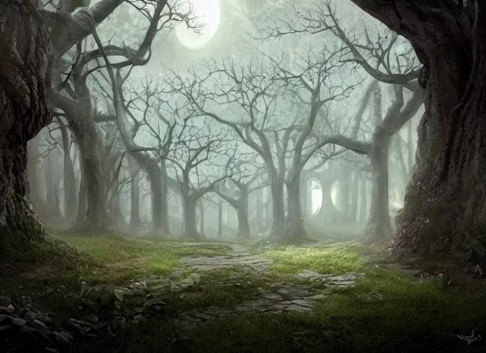 Image similar to secret garden, pathway, trees with faces, in the style of pan's labyrinth movie, spooky, very dark, concept art, unreal engine 5, matte painting, artstation, caspar friedrich