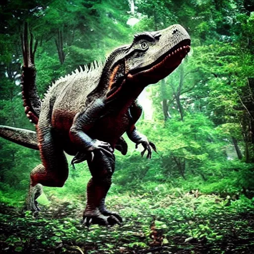 Image similar to “a Tyrannosaurus rex walking through a prehistoric forest”