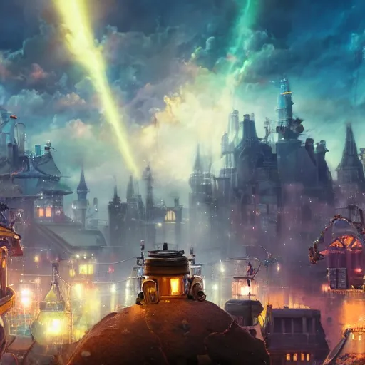 Prompt: a steampunk town in the clouds, robot, electricity lightning, furry, soft, concept art, sharp focus, intricate details, highly detailed, photorealistic, disney pixar, octane render, iridescent, anime, big field of view, 8 k